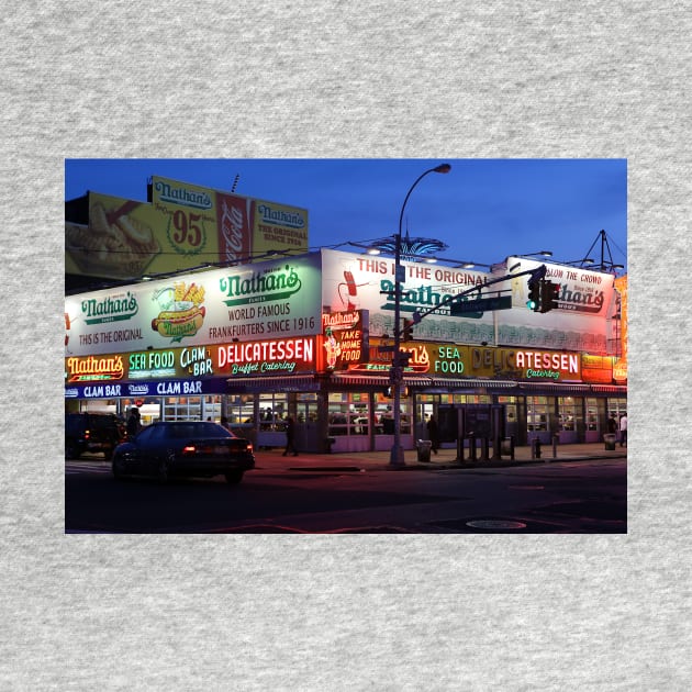 Nathan's famous hot dogs kiosk in Coney Island, at dusk by Reinvention